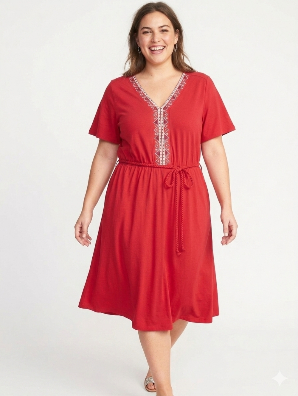 Old Navy Coral-Red Midi Dress with Embroidered V-Neck